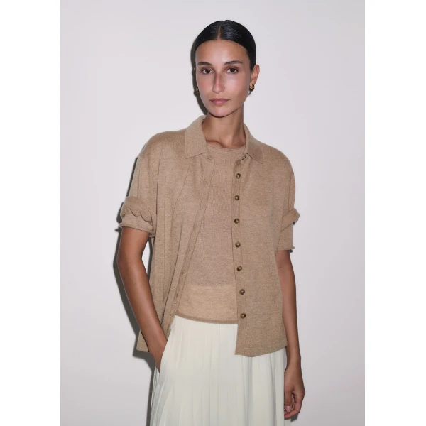 ME+EM ME+EM Raw Edge Slim Knit Tee in Camel Mélange - Knitwear - Intelligent British Fashion at Coveti
