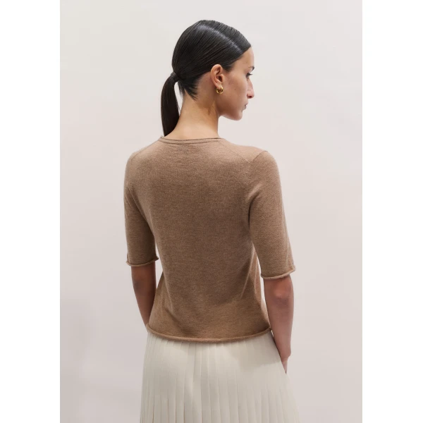 ME+EM ME+EM Raw Edge Slim Knit Tee in Camel Mélange - Knitwear - Intelligent British Fashion at Coveti