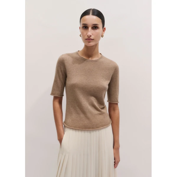 ME+EM ME+EM Raw Edge Slim Knit Tee in Camel Mélange - Knitwear - Intelligent British Fashion at Coveti