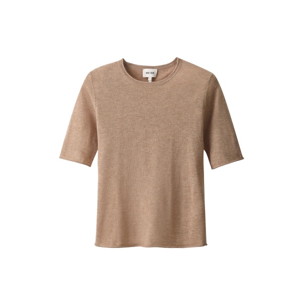 ME+EM ME+EM Raw Edge Slim Knit Tee in Camel Mélange - Knitwear - Intelligent British Fashion at Coveti