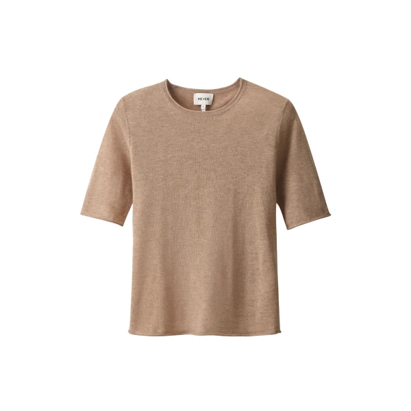 ME+EM ME+EM Raw Edge Slim Knit Tee in Camel Mélange - Knitwear - Intelligent British Fashion at Coveti
