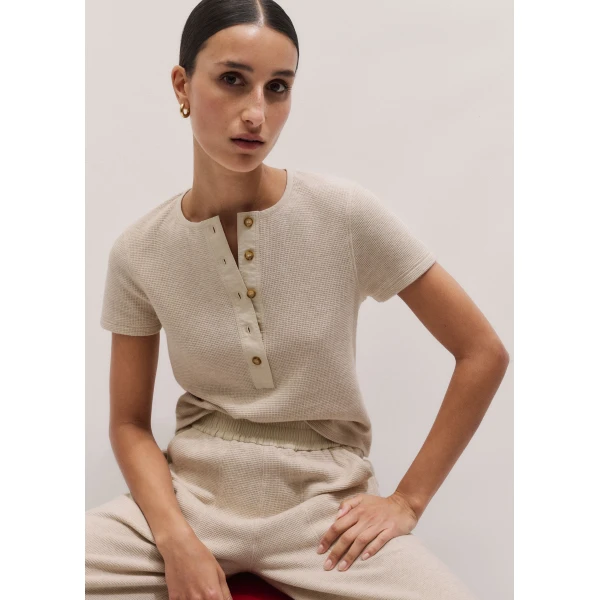 ME+EM ME+EM Short Sleeve Henley Tee in Oatmeal - Tops - Intelligent British Fashion at Coveti