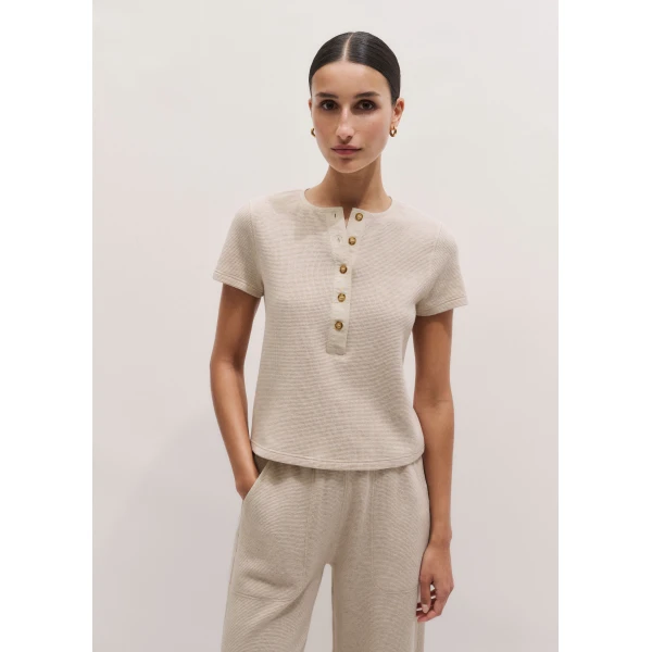 ME+EM ME+EM Short Sleeve Henley Tee in Oatmeal - Tops - Intelligent British Fashion at Coveti