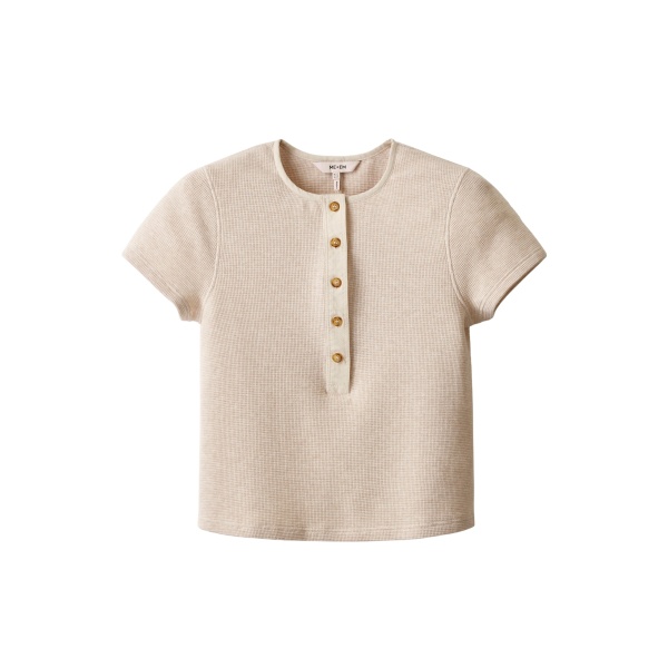 ME+EM ME+EM Short Sleeve Henley Tee in Oatmeal - Tops - Intelligent British Fashion at Coveti