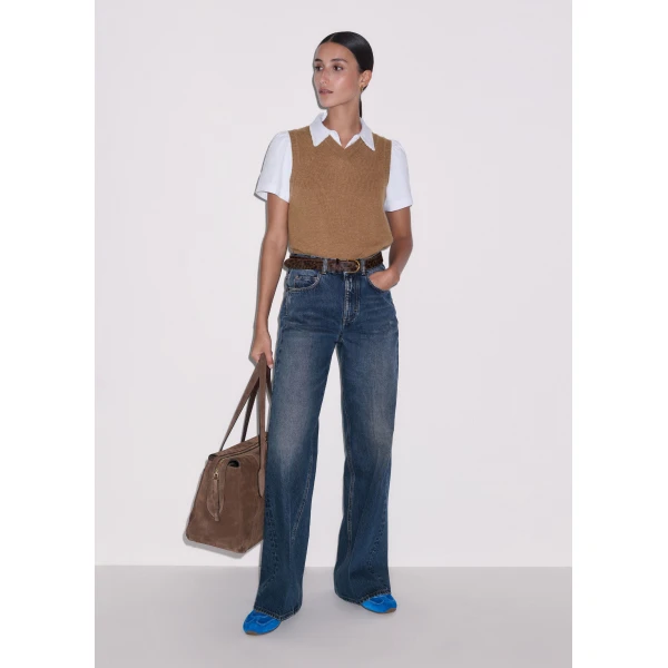 ME+EM ME+EM V-Neck Relaxed Knit Vest in Camel Mélange - Knitwear - Intelligent British Fashion at Coveti