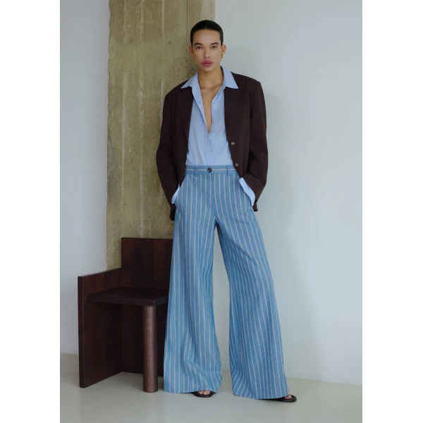 ME+EM ME+EM Wide-Leg Trouser in Chambray Blue Multi - Pants - Intelligent British Fashion at Coveti