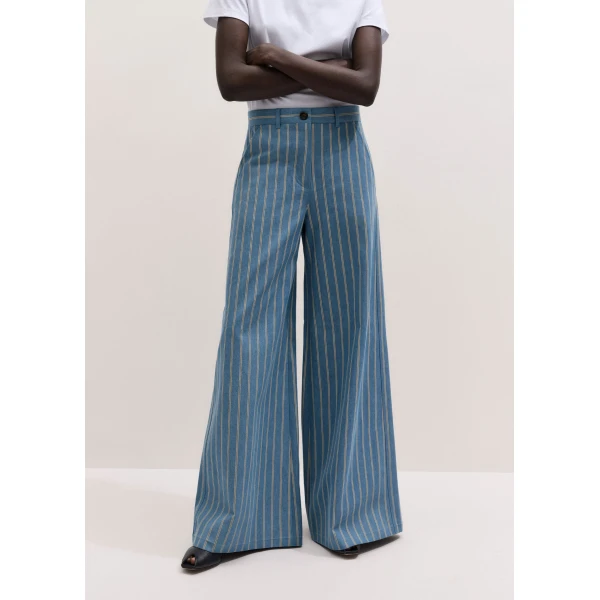 ME+EM ME+EM Wide-Leg Trouser in Chambray Blue Multi - Pants - Intelligent British Fashion at Coveti