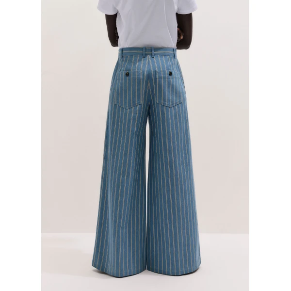 ME+EM ME+EM Wide-Leg Trouser in Chambray Blue Multi - Pants - Intelligent British Fashion at Coveti