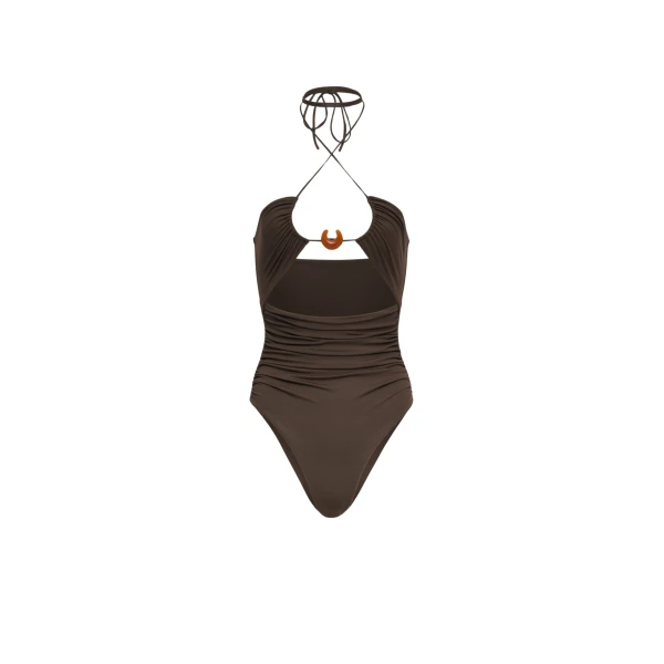 Halterneck swimsuit with ring detail in brown