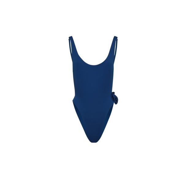 Magda Butrym Scoop neck swimsuit with side rose detail in blue