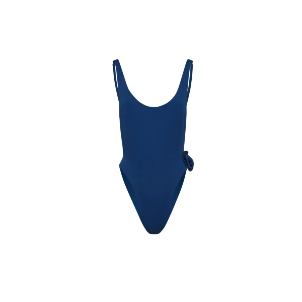 Scoop neck swimsuit with side rose detail in blue