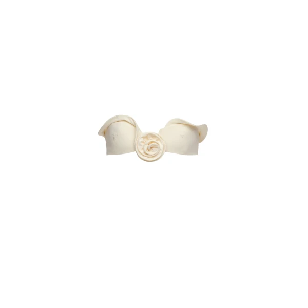 Sculptural bandeau swim top in cream with embroidered roses