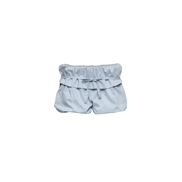 Magda Butrym Striped bubble cotton and silk shorts with ruffle waist in blue