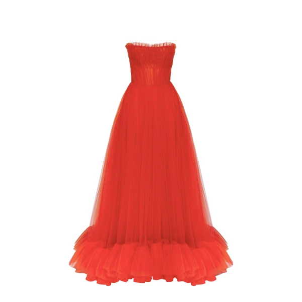 Airy tulle maxi dress in fiery coral