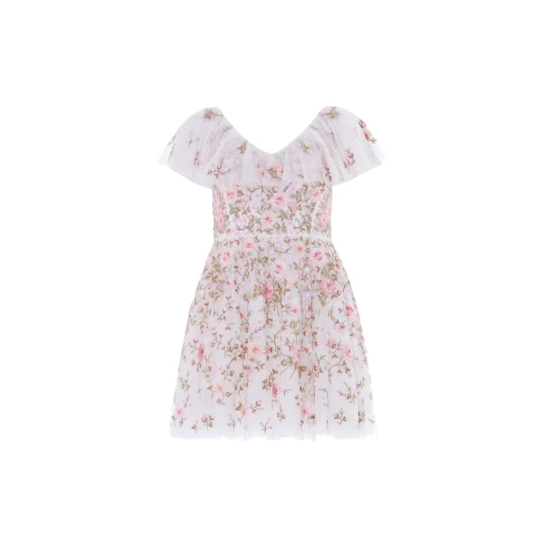Needle & Thread Eden Rose V-Neck Micro Mini Dress