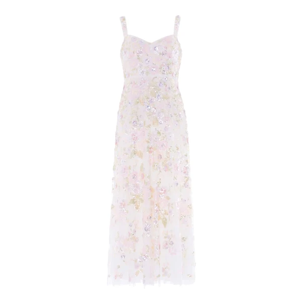 Sequin Paradise Sweetheart Ankle Gown in Swan White/Multi