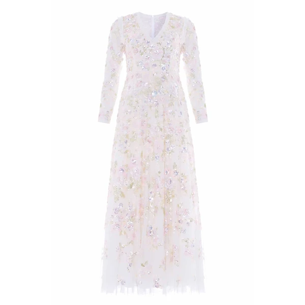 Sequin Paradise V-Neck Gown in Swan White/Multi