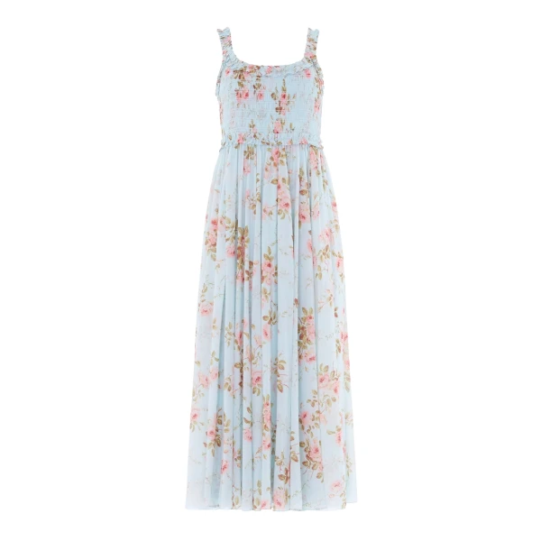 Summer's Rose Chiffon Smocked Cami Ankle Gown in Aqua