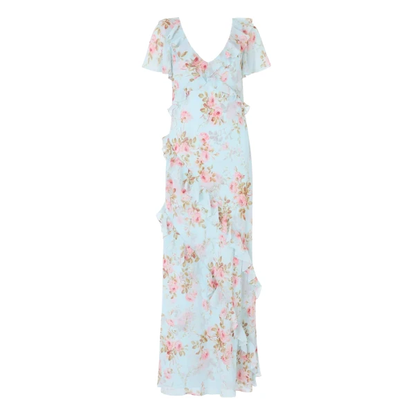 Summer's Rose Georgette V-Neck Gown in Aqua