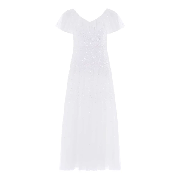 Sunrise Sequin V-Neck Ankle Gown in Swan White