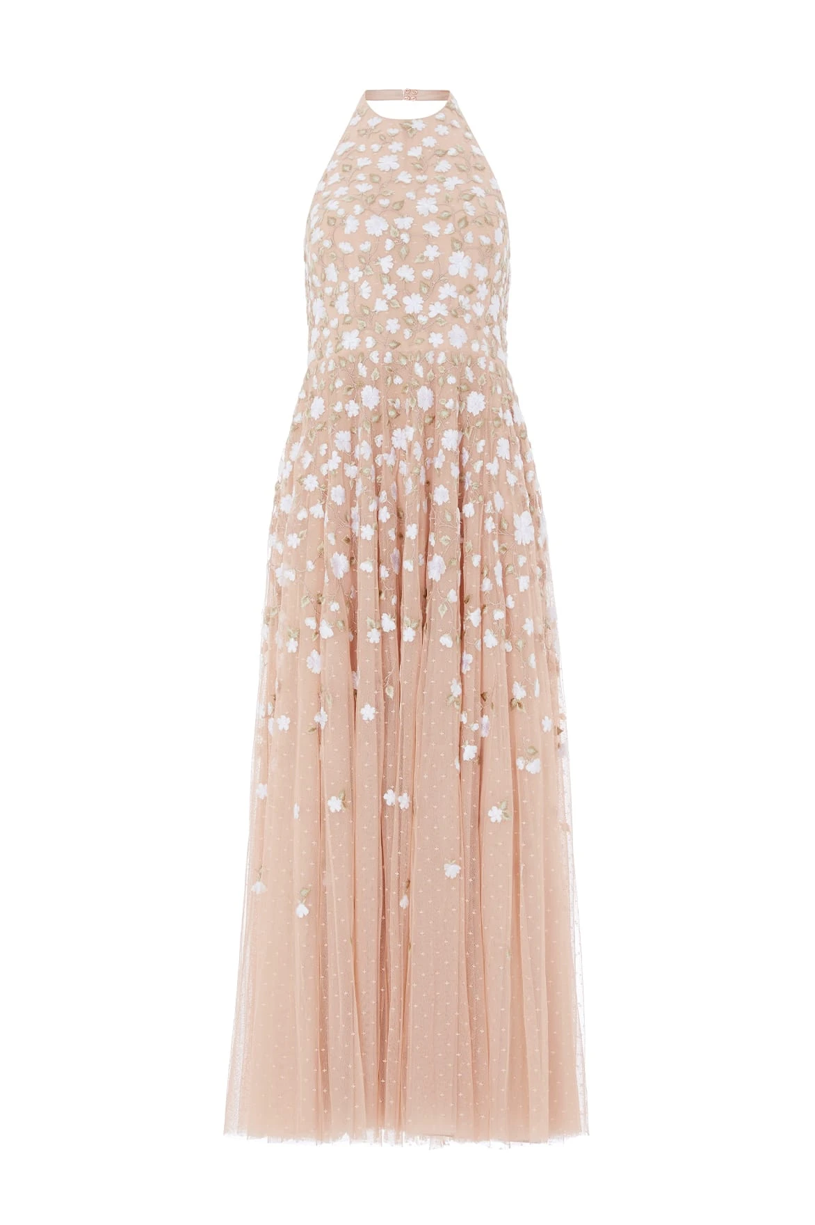 Needle & Thread Trailing Roses Halter-Neck Ankle Gown in Biscuit/White - Dresses - British Luxury Evening Wear at Coveti Needle & Thread Trailing Roses Halter-Neck Ankle Gown