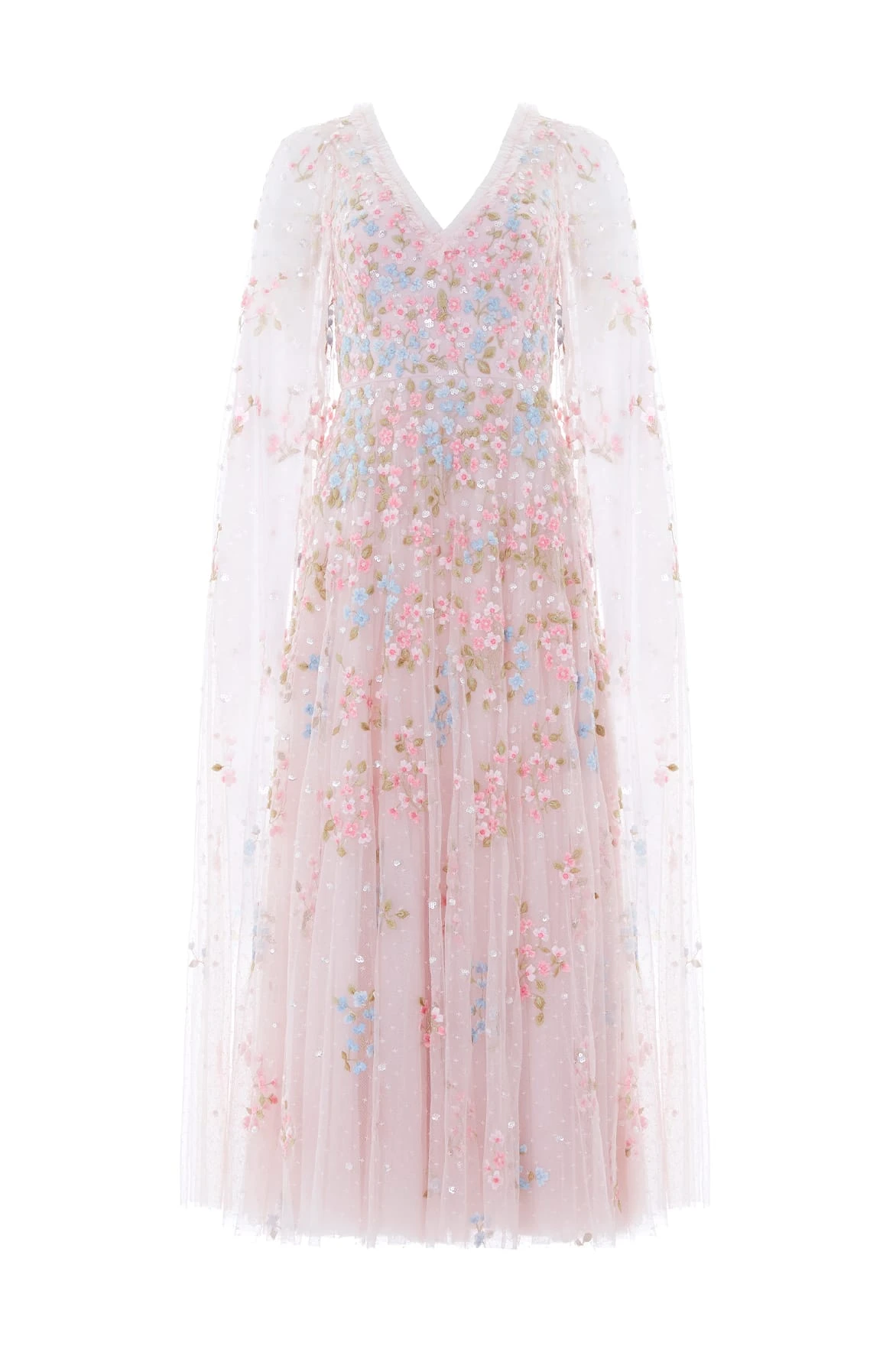 Needle & Thread Versailles Ditsy V-Neck Cape Sleeve Ankle Gown in Shell/Bright - Dresses - British Luxury Evening Wear at Coveti Needle & Thread Versailles Ditsy V-Neck Cape Sleeve Ankle Gown