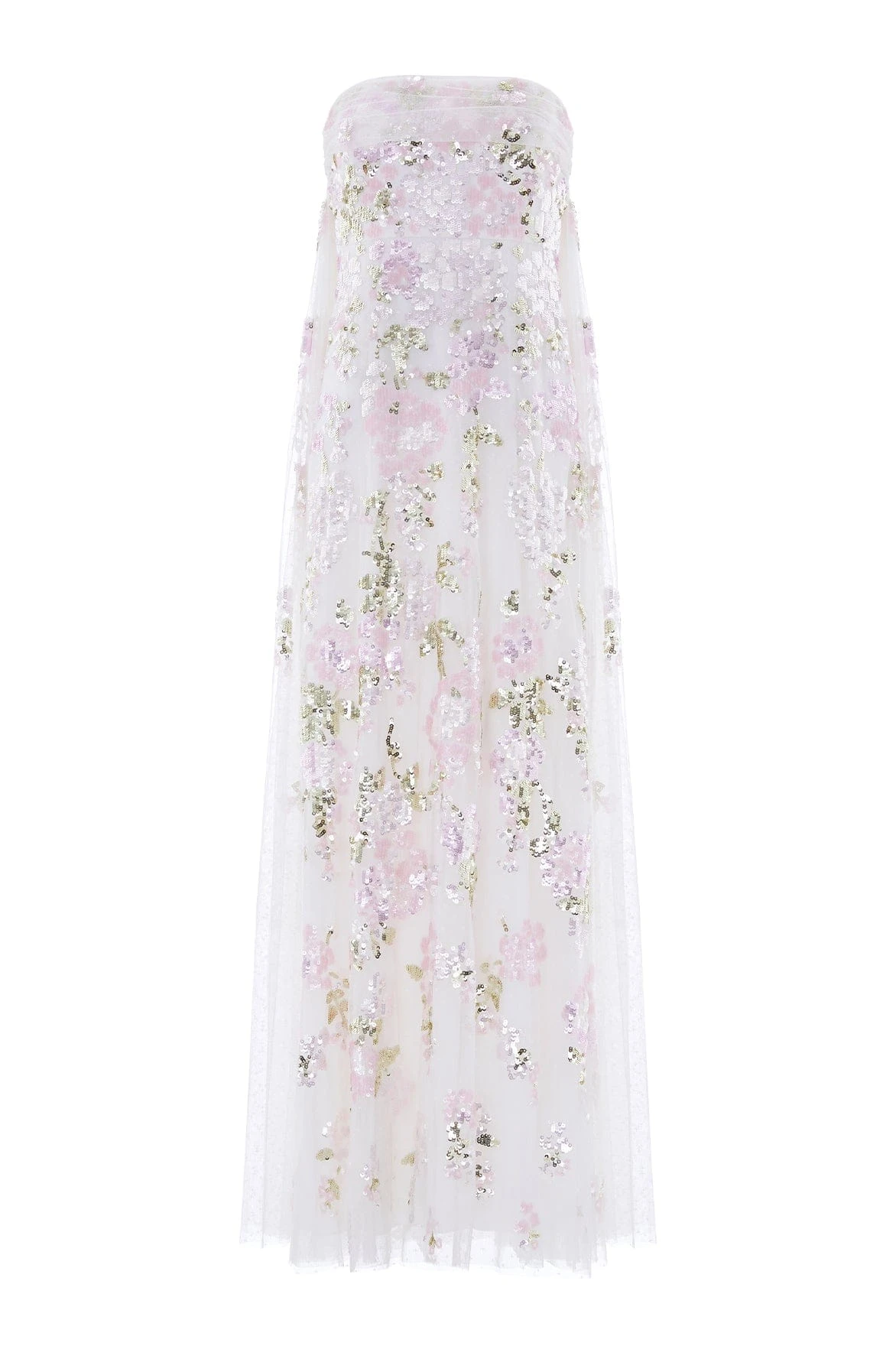 Needle & Thread Wisteria Sequin Strapless Cape Gown in Swan White/Pink - Dresses - British Luxury Evening Wear at Coveti Needle & Thread Wisteria Sequin Strapless Cape Gown