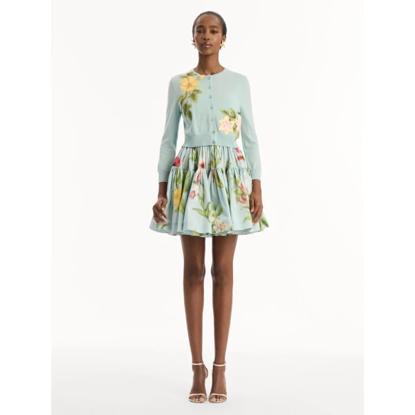Oscar de la Renta Chiné Dominican Mixed-Floral Threadwork Cardigan - Knitwear - American Luxury Evening Wear at Coveti