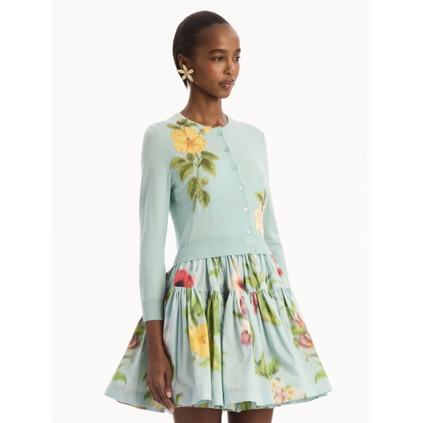 Oscar de la Renta Chiné Dominican Mixed-Floral Threadwork Cardigan - Knitwear - American Luxury Evening Wear at Coveti