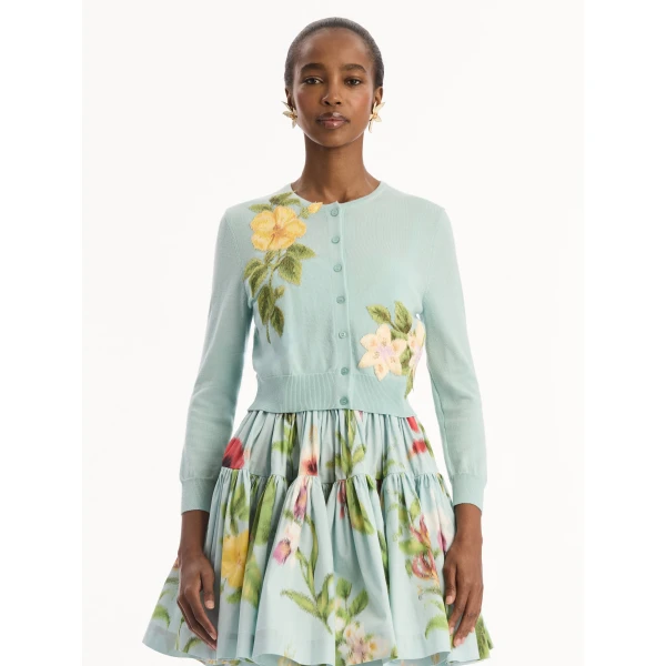 Oscar de la Renta Chiné Dominican Mixed-Floral Threadwork Cardigan - Knitwear - American Luxury Evening Wear at Coveti