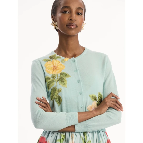 Oscar de la Renta Chiné Dominican Mixed-Floral Threadwork Cardigan - Knitwear - American Luxury Evening Wear at Coveti