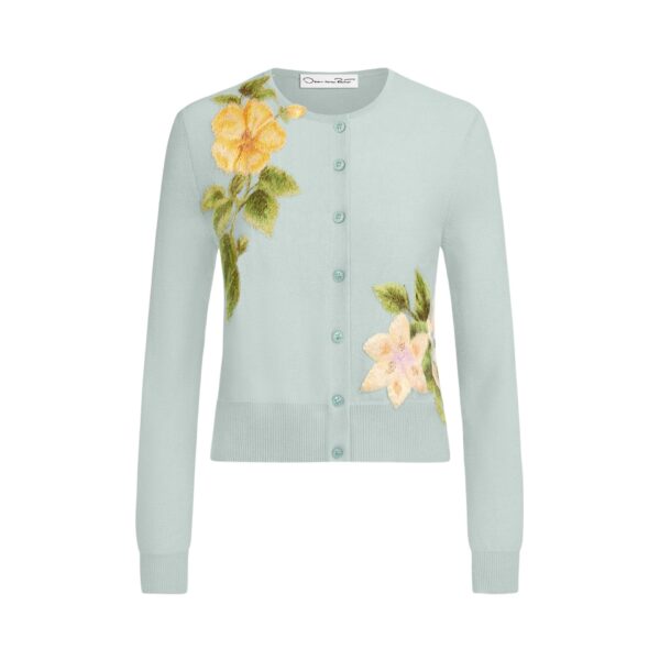 Oscar de la Renta Chiné Dominican Mixed-Floral Threadwork Cardigan - Knitwear - American Luxury Evening Wear at Coveti