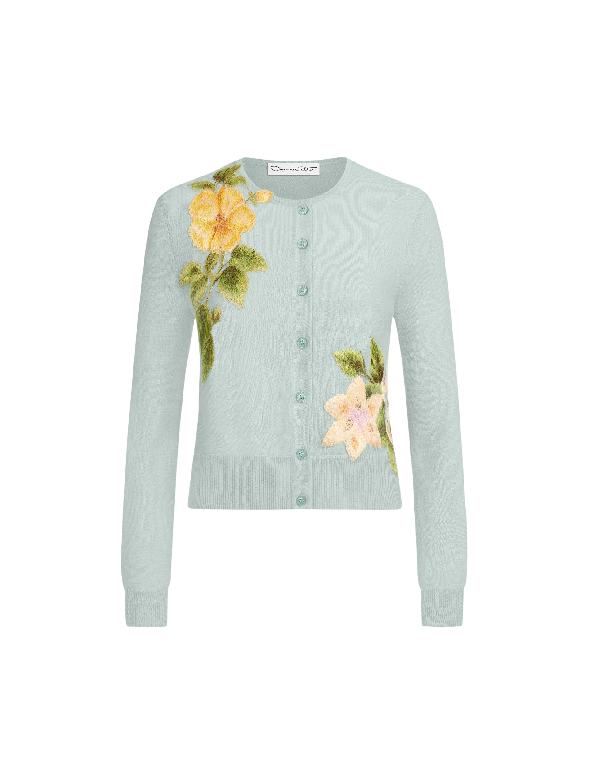 Oscar de la Renta Chiné Dominican Mixed-Floral Threadwork Cardigan - Knitwear - American Luxury Evening Wear at Coveti