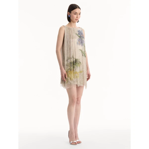Oscar de la Renta Chiné Hibiscus Beaded Fringe Shift Dress - Dresses - American Luxury Evening Wear at Coveti