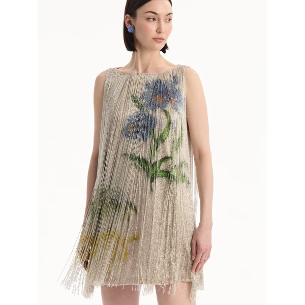 Oscar de la Renta Chiné Hibiscus Beaded Fringe Shift Dress - Dresses - American Luxury Evening Wear at Coveti