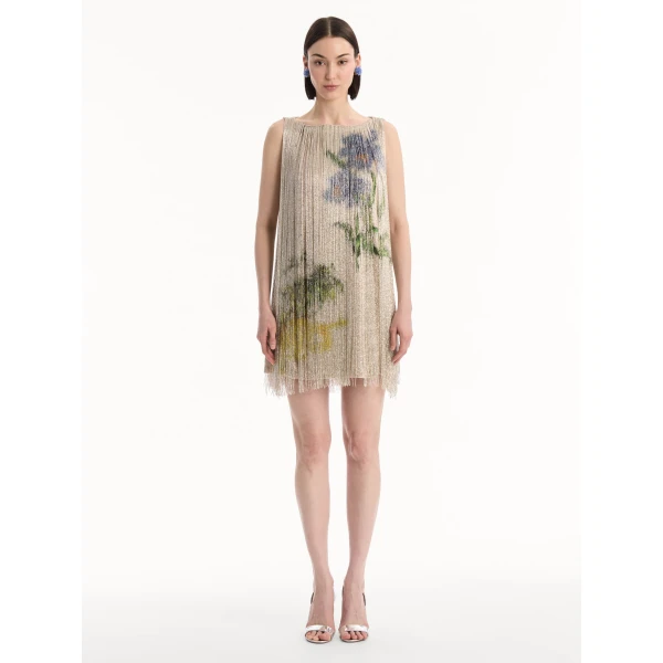Oscar de la Renta Chiné Hibiscus Beaded Fringe Shift Dress - Dresses - American Luxury Evening Wear at Coveti