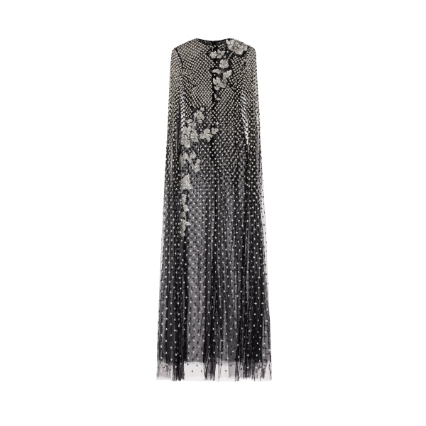 Oscar de la Renta Crystal Grid Floral Embroidered Caftan