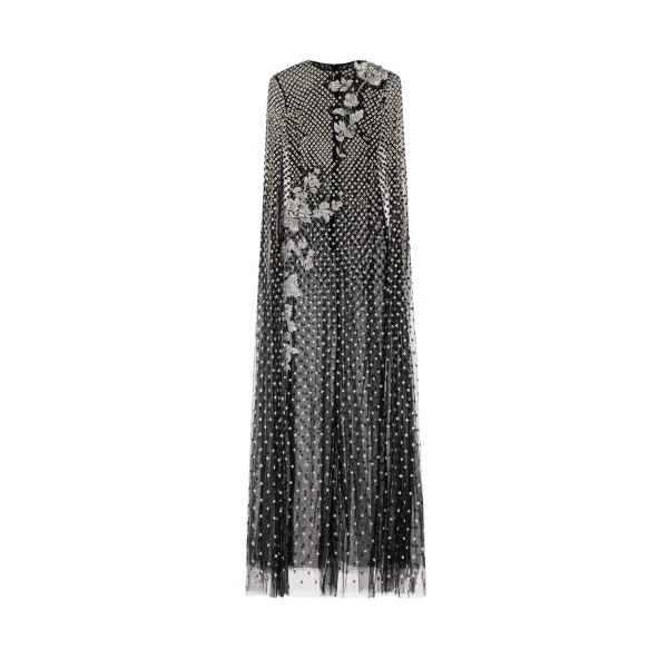 Oscar de la Renta Crystal Grid Floral Embroidered Caftan