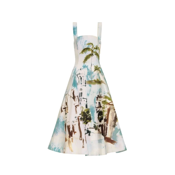 Oscar de la Renta Dominican Landscape Cotton Poplin Sleeveless Dress