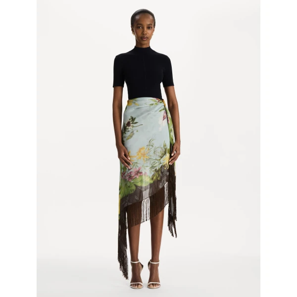 Oscar de la Renta Dominican Mixed-Floral Fringe Skirt - Skirts - American Luxury Evening Wear at Coveti
