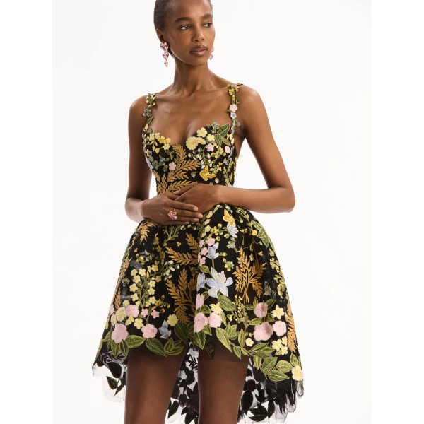 Oscar de la Renta Dominican Mixed-Floral Guipure High-Low Dress - Dresses - American Luxury Evening Wear at Coveti