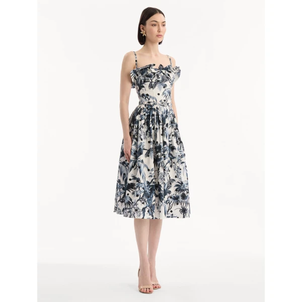 Oscar de la Renta Dotted Palm Leaves Cotton Poplin Sleeveless Dress - Dresses - American Luxury Evening Wear at Coveti