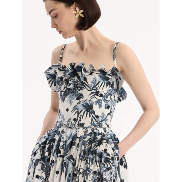Oscar de la Renta Dotted Palm Leaves Cotton Poplin Sleeveless Dress - Dresses - American Luxury Evening Wear at Coveti