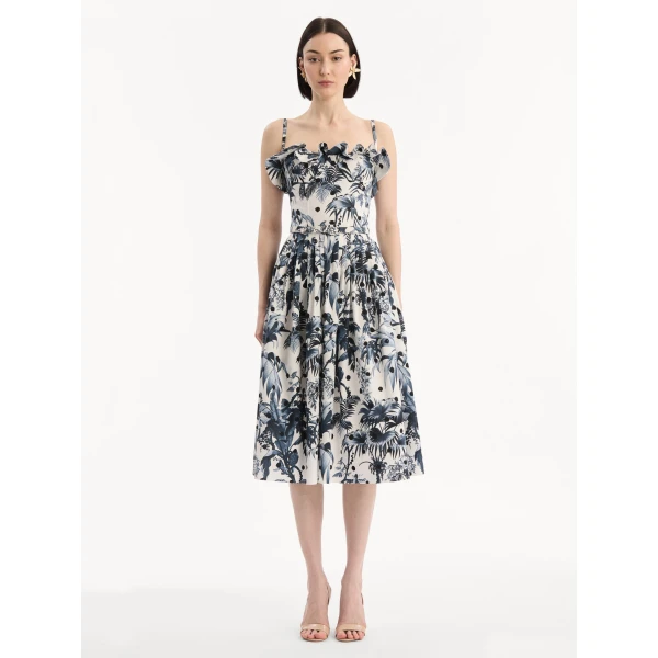 Oscar de la Renta Dotted Palm Leaves Cotton Poplin Sleeveless Dress - Dresses - American Luxury Evening Wear at Coveti