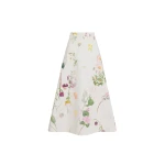 Oscar de la Renta Faded Mixed Botanical Denim Midi Skirt