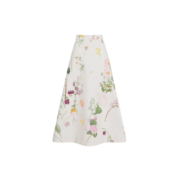 Oscar de la Renta Faded Mixed Botanical Denim Midi Skirt
