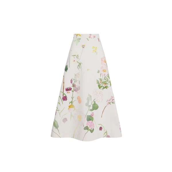 Oscar de la Renta Faded Mixed Botanical Denim Midi Skirt