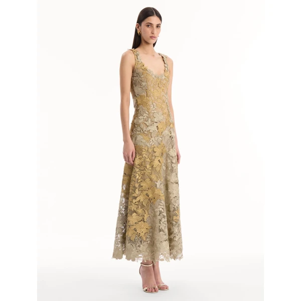 Oscar de la Renta Hibiscus Metallic Guipure Cocktail Dress - Dresses - American Luxury Evening Wear at Coveti