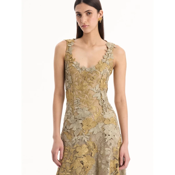 Oscar de la Renta Hibiscus Metallic Guipure Cocktail Dress - Dresses - American Luxury Evening Wear at Coveti