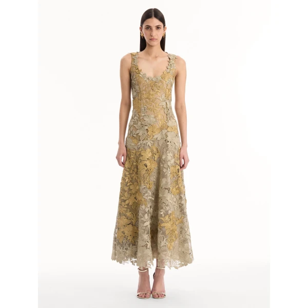 Oscar de la Renta Hibiscus Metallic Guipure Cocktail Dress - Dresses - American Luxury Evening Wear at Coveti
